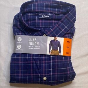 Izod Men's Luxe Touch Navy and Pink Plaid Long-sleeve Shirt